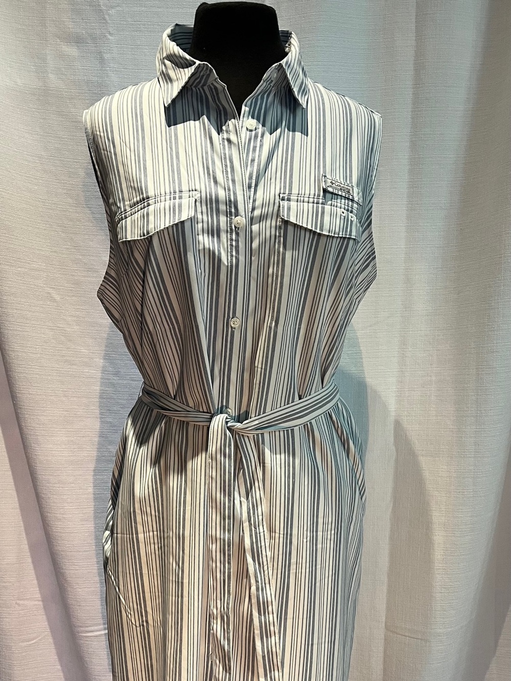 Striped Sleeveless Shirt Dress with Waist Tie - White and Pale Blue